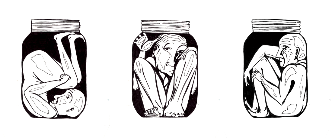 pen drawing of 3 humans trapped in jars