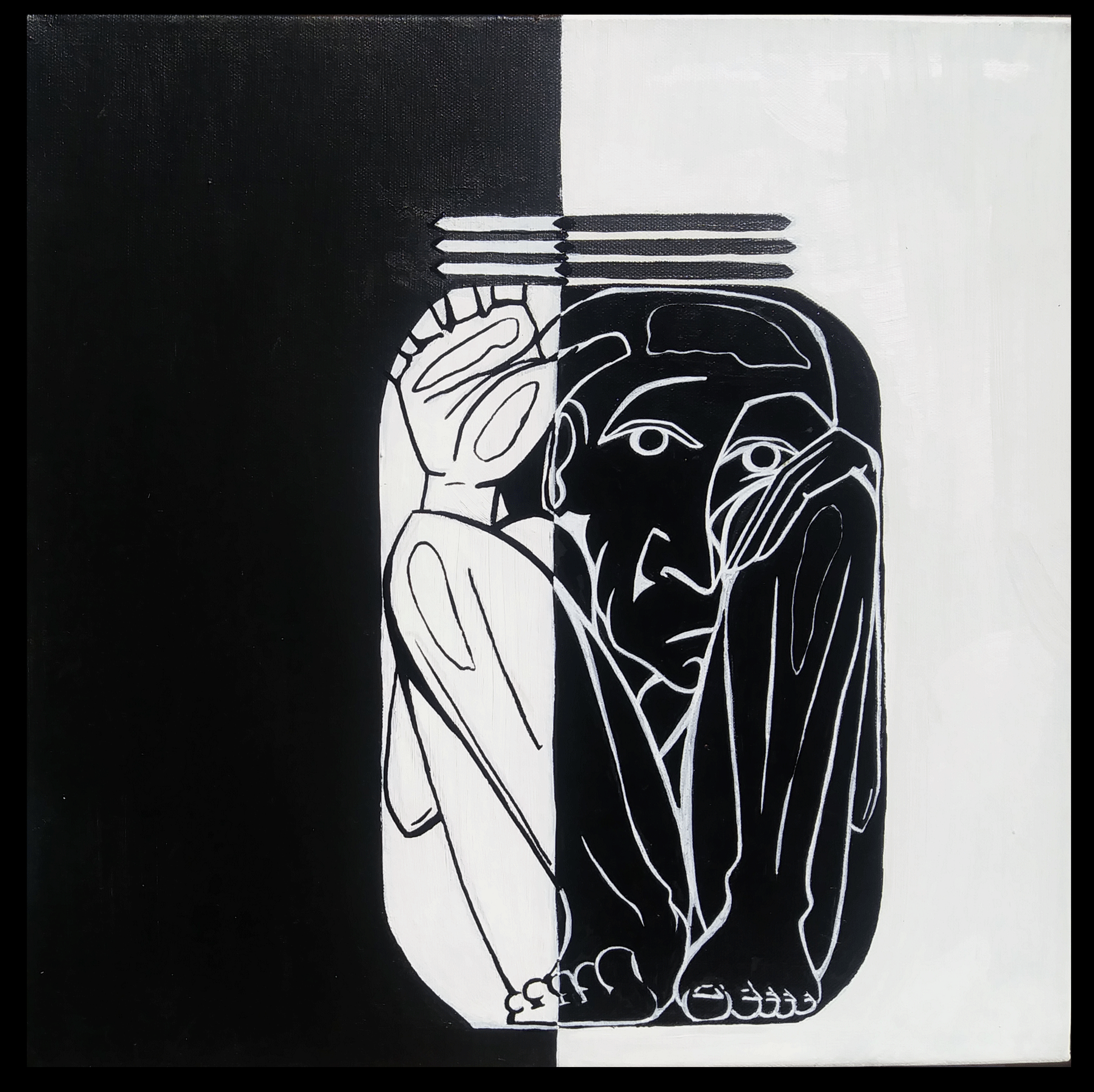 Painting of a human trapped in a jar