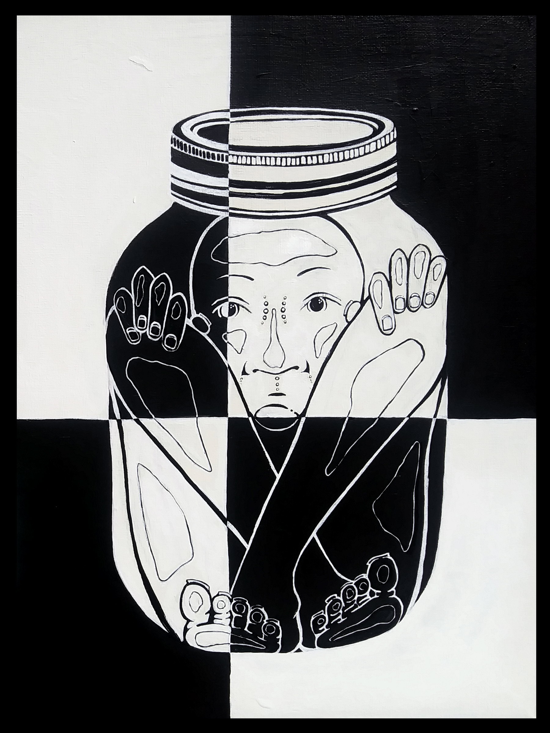 Painting of a human trapped in a jar