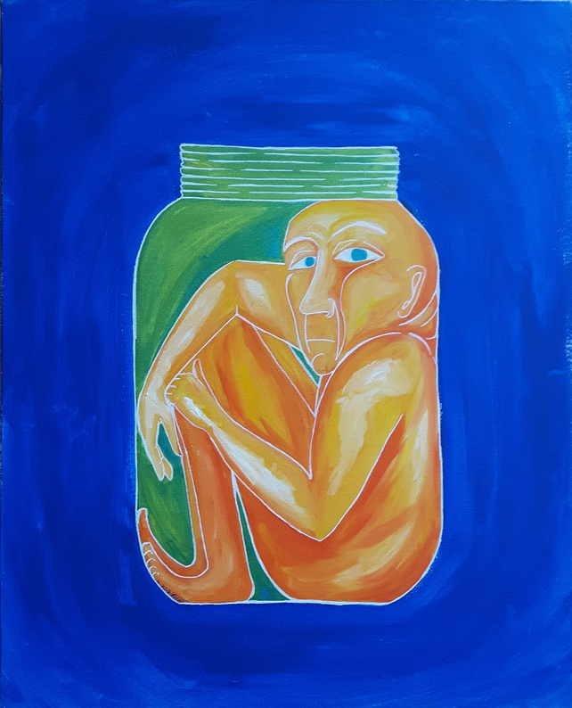 painting of a human trapped inside a jar