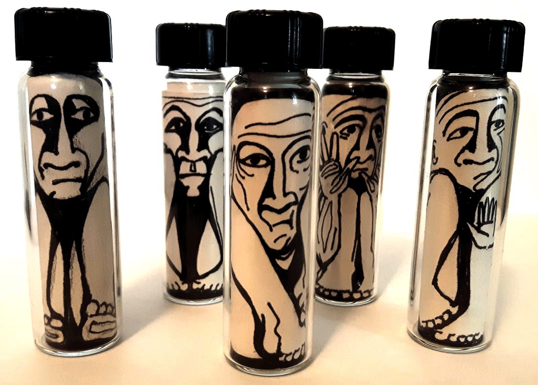 art piece depicting tiny humans trapped inside tiny jars
