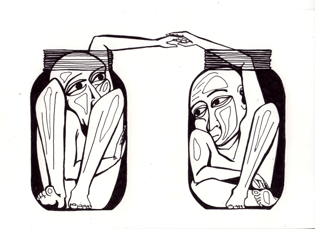 pen drawing on paper of two people separated by glass walls