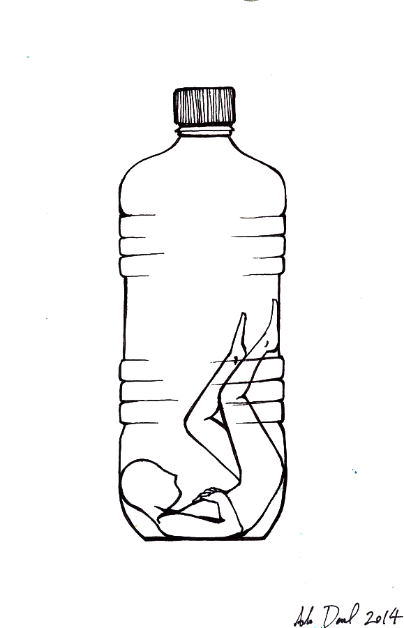 drawing by Ada Denil of a human inside a plastic bottle