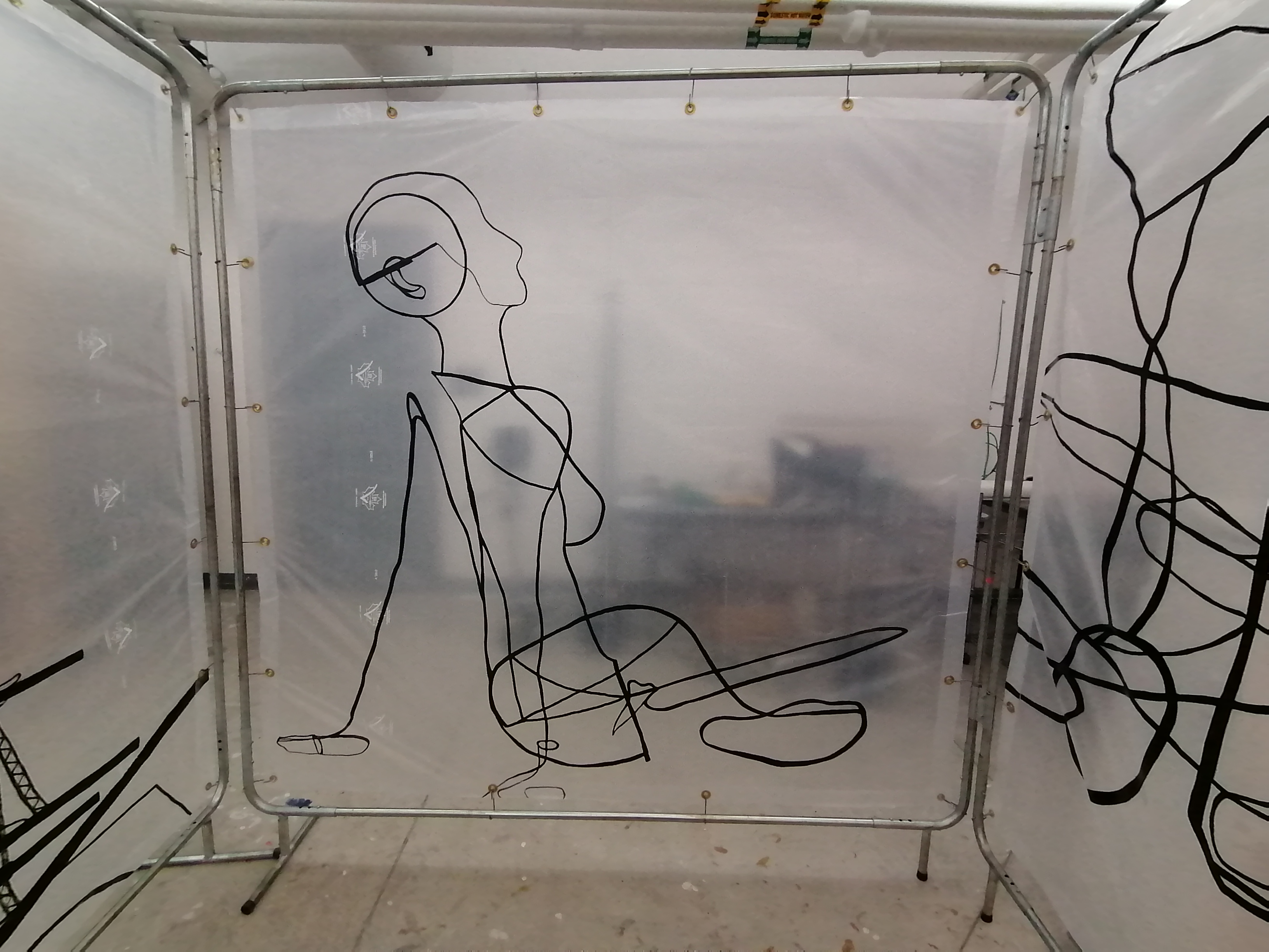an artwork by Ada Denil consisting of translucent welding screens with line drawings